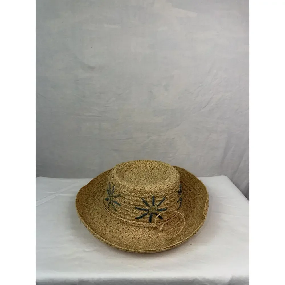 Vintage Natural Straw Sun Hat Wide Brim Floral Raffia Beach Boho Cottagecore - Picture 6 of 9